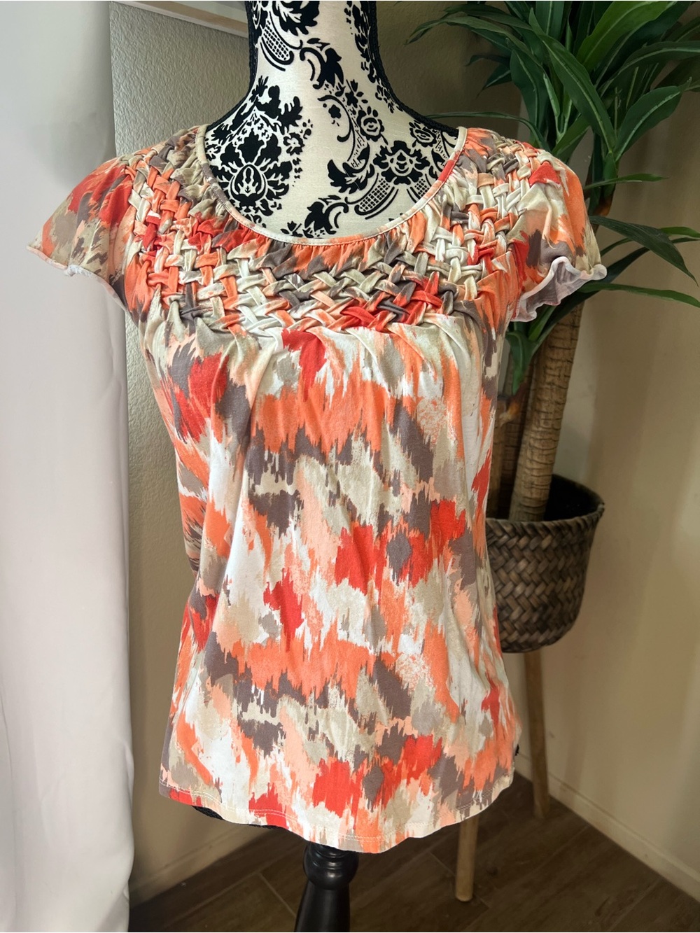 Style & Co. Coral, Cream & Gray Short Sleeve Blouse with Woven Yoke